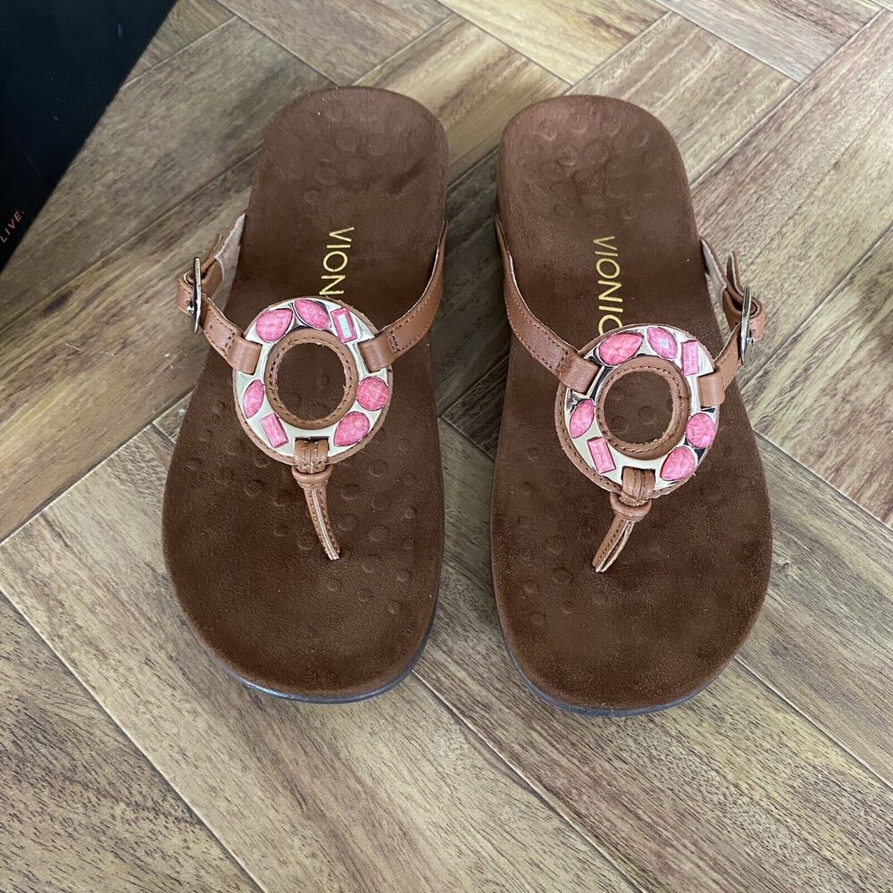 Vionic Flip Flops Women 6 Brown Pink Rest Ricci‎ Thong Sandals Leather Beaded - Picture 2 of 13